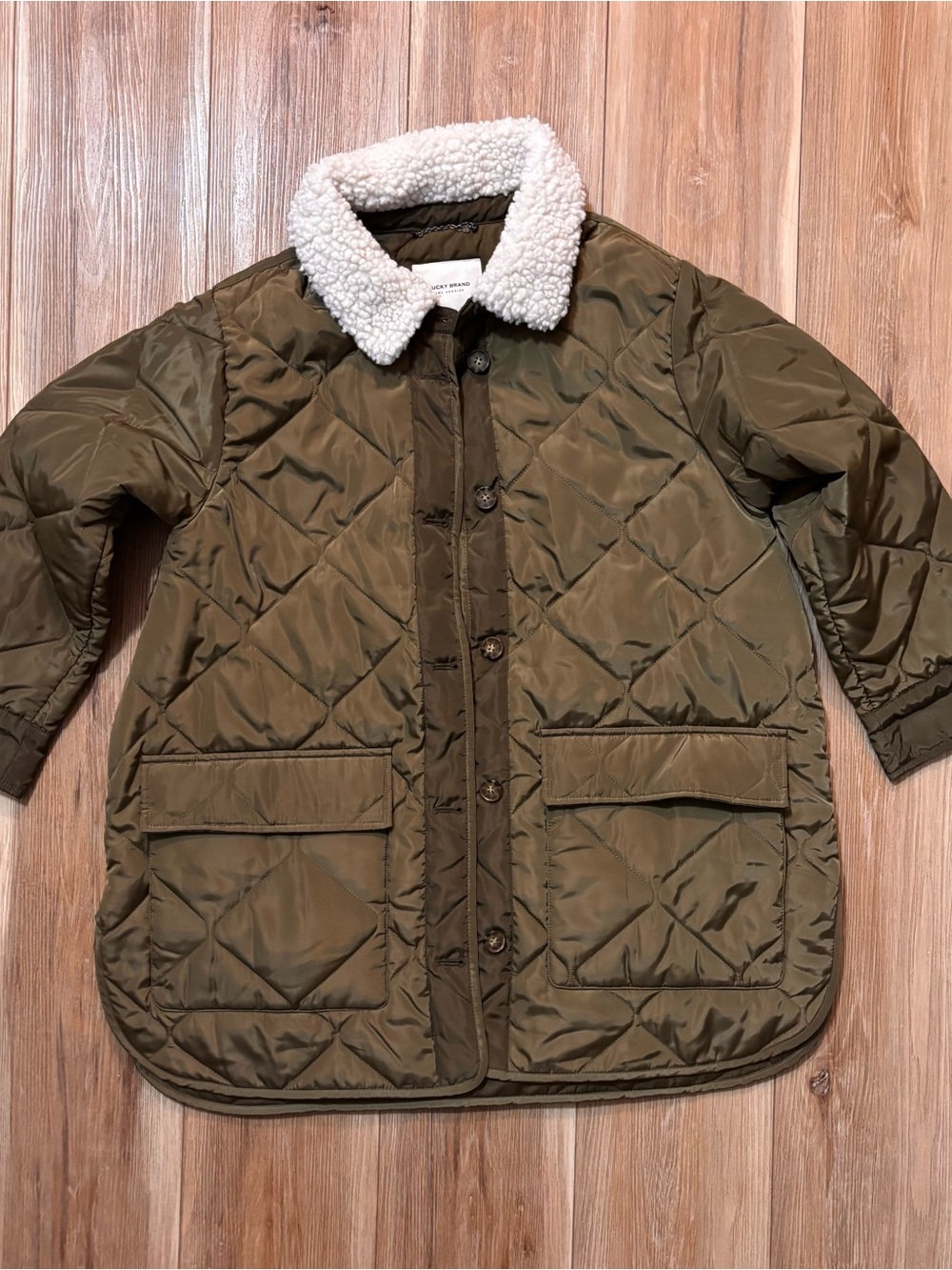 Lucky Brand Olive Green Quilted Jacket with White Sherpa Collar